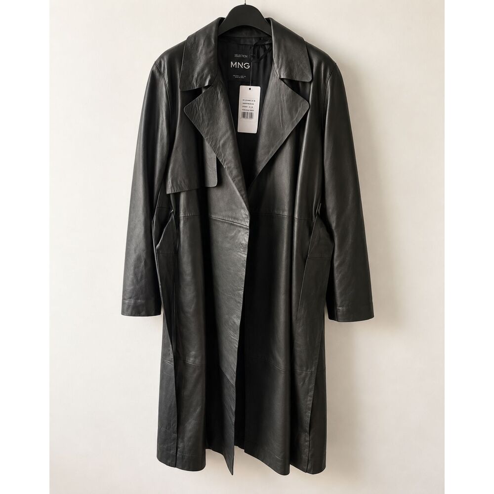 Mango Selection Black 100% Sheep Leather Trench Coat NWT Size S